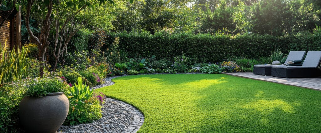 Jardin moderne avec pelouse verte luxuriante, allée de galets incurvée, parterre de fleurs colorées et transats sur une terrasse en bois.