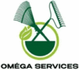 Logo vert Oméga Services avec deux râteaux de jardinage croisés et une pousse de feuille stylisée. Symbole de l'entretien des espaces verts.