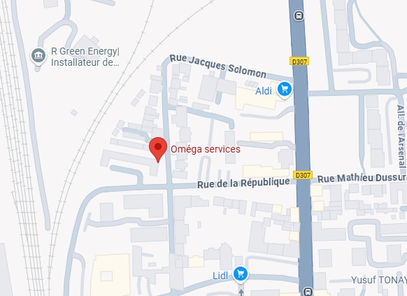 Plan géographique d'Oméga services, rues Jacques Solomon, de la République, Mathieu Dussur. Proximité Aldi, Lidl, D307 et voies ferrées.